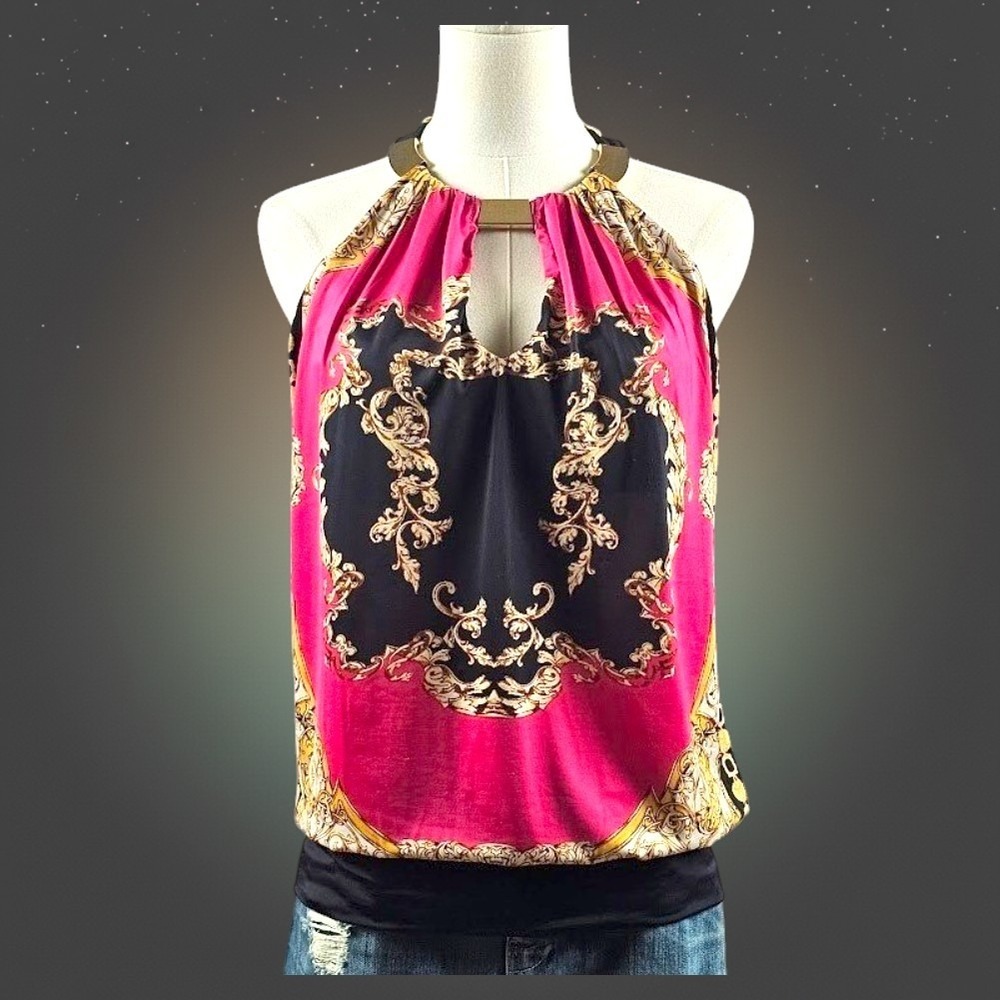 Vintage Y2K Baroque Halter Top XS Scarf Print Gold Hardware Glam McBling Cache